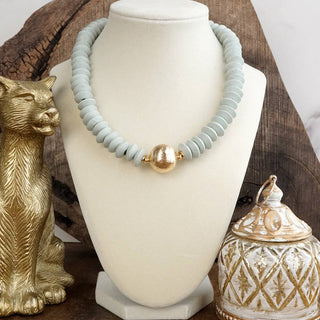 Wood Saucer Beads Short Statement Necklace Gold center Hot Pink Beige Turquoise-Necklaces-PennyLine inc-Stuffology - Where Vintage Meets Modern, A Boutique for Real Women in Crosbyton, TX