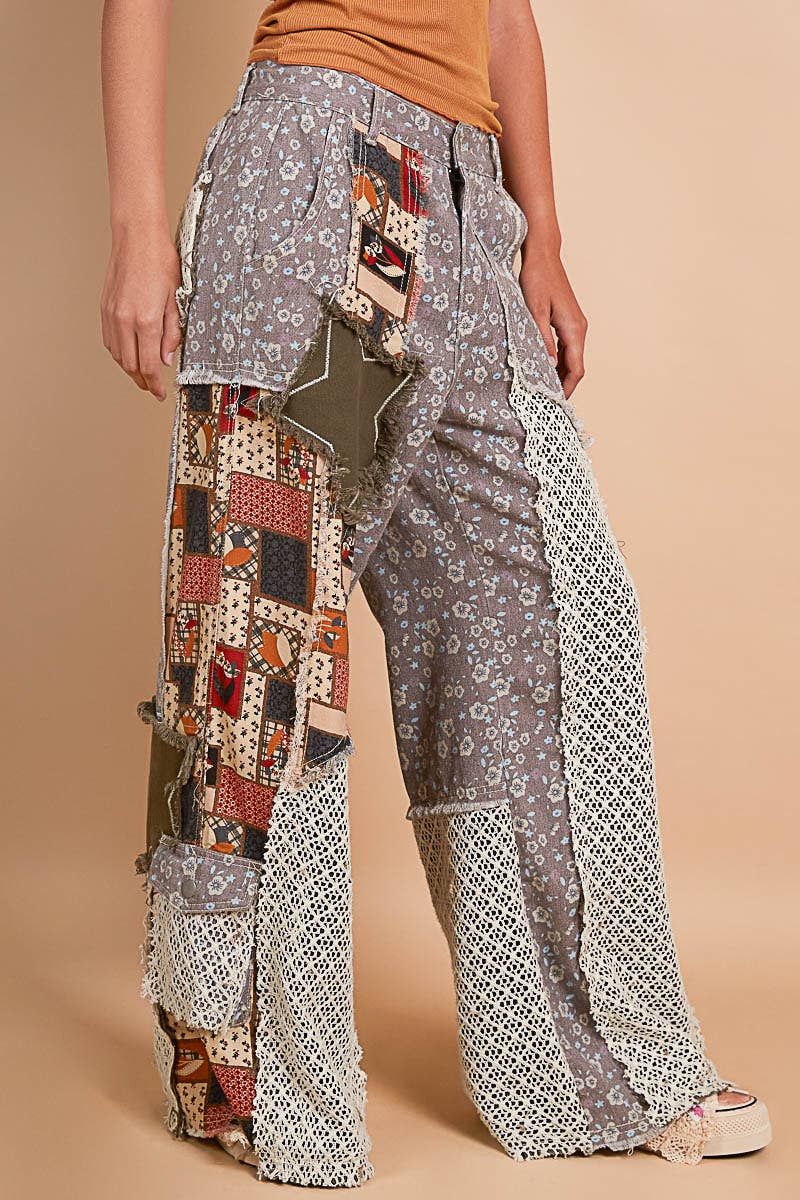 Printed Patchwork Star Detail Woven Twill Pants Jeans /Stuffology Boutique-Jeans-Pol Clothing-Stuffology - Where Vintage Meets Modern, A Boutique for Real Women in Crosbyton, TX