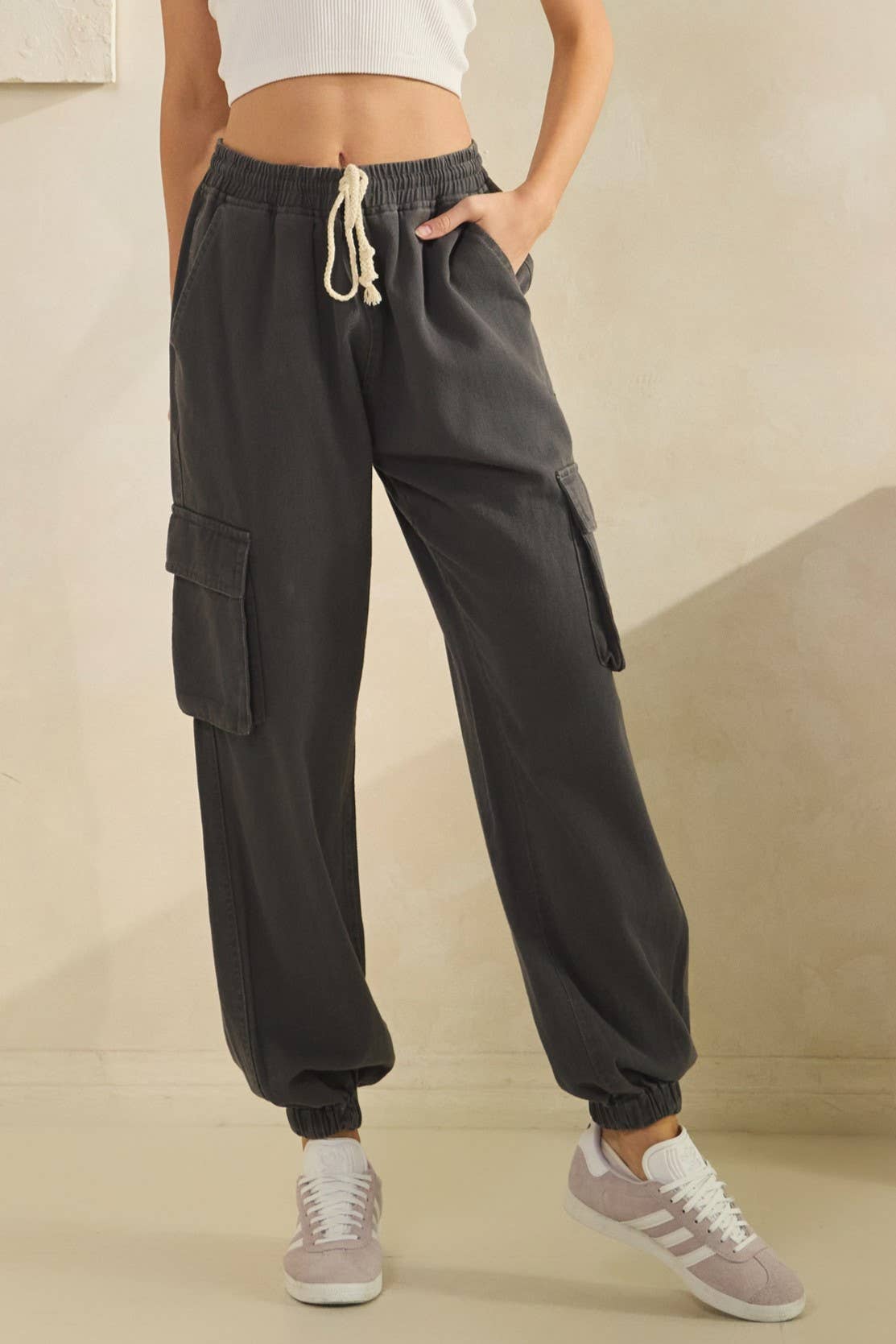 ACID WASH DENIM CARGO JOGGERS-pants-Sage + Fig-Stuffology - Where Vintage Meets Modern, A Boutique for Real Women in Crosbyton, TX