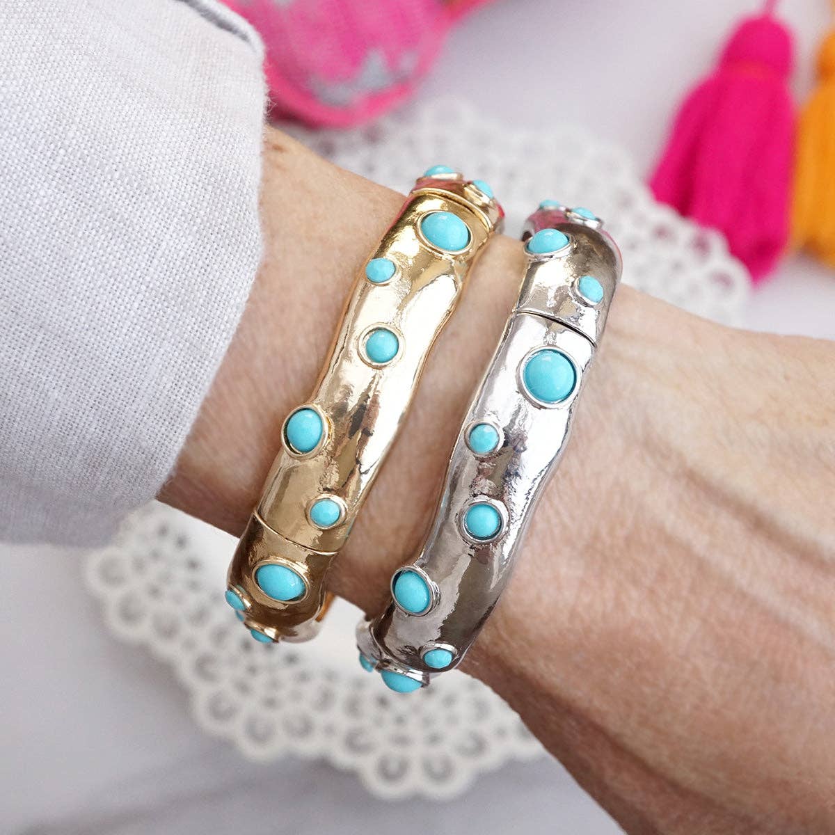 Desert Dew – Turquoise Cabochon Stretch Bangle-Bracelets-PennyLine inc-Stuffology - Where Vintage Meets Modern, A Boutique for Real Women in Crosbyton, TX