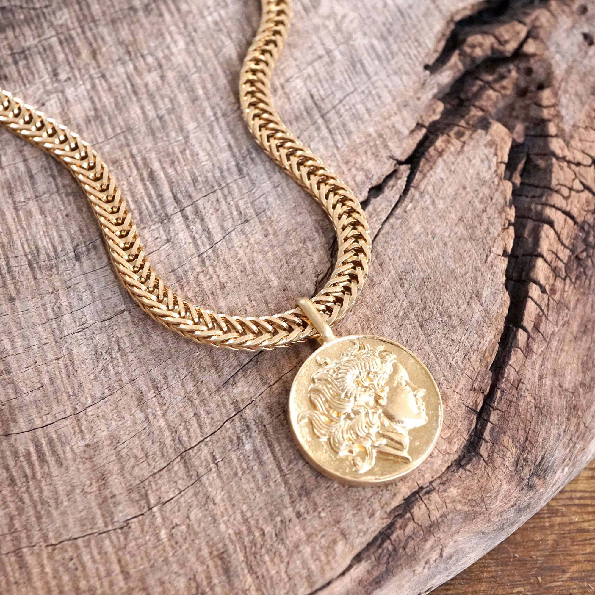 Coin Statement Chain Necklace in Worn Gold Tone-Necklaces-PennyLine inc-Stuffology - Where Vintage Meets Modern, A Boutique for Real Women in Crosbyton, TX