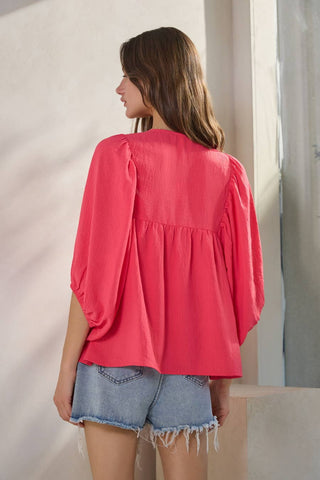 3/4 Sleeve Front Tie Ribbon Top-Tops-Oddi-Stuffology - Where Vintage Meets Modern, A Boutique for Real Women in Crosbyton, TX