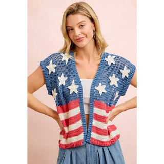 American Flag Short Sleeve Cardigan-Cardigan-BiBi-Stuffology - Where Vintage Meets Modern, A Boutique for Real Women in Crosbyton, TX