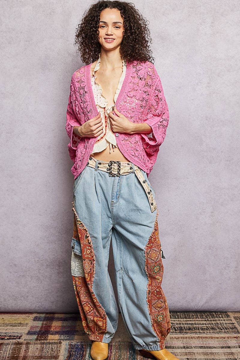 3/4 Sleeve Crochet Button Down Bubble Gum Pink Cardigan-Pol Clothing-Stuffology - Where Vintage Meets Modern, A Boutique for Real Women in Crosbyton, TX