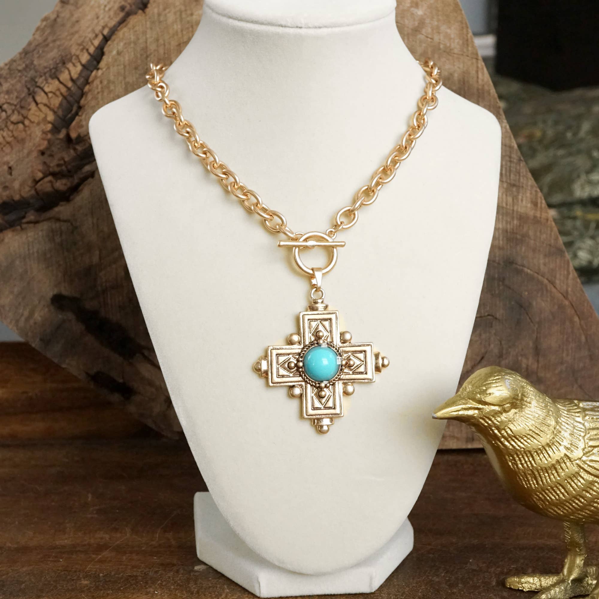 Decorative Cross Necklace Worn Gold or Silver Tone Front Toggle and Turquoise-Necklaces-PennyLine inc-Stuffology - Where Vintage Meets Modern, A Boutique for Real Women in Crosbyton, TX