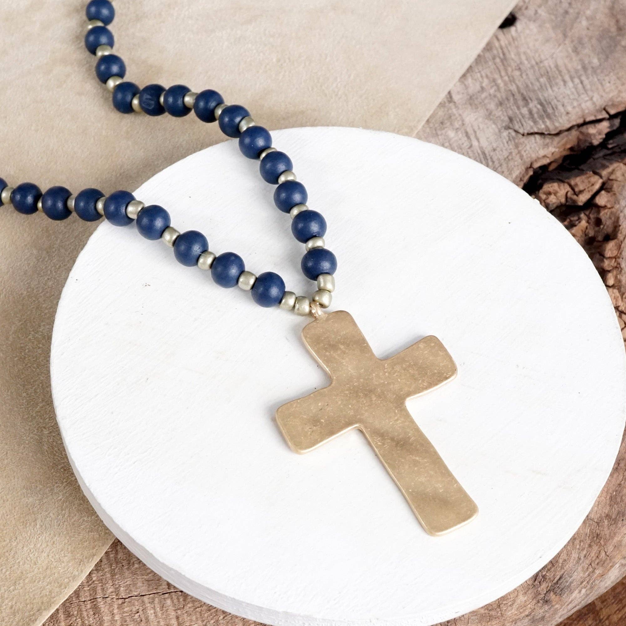 Long Wooden Bead Necklace with Gold Cross-Necklaces-PennyLine inc-Stuffology - Where Vintage Meets Modern, A Boutique for Real Women in Crosbyton, TX