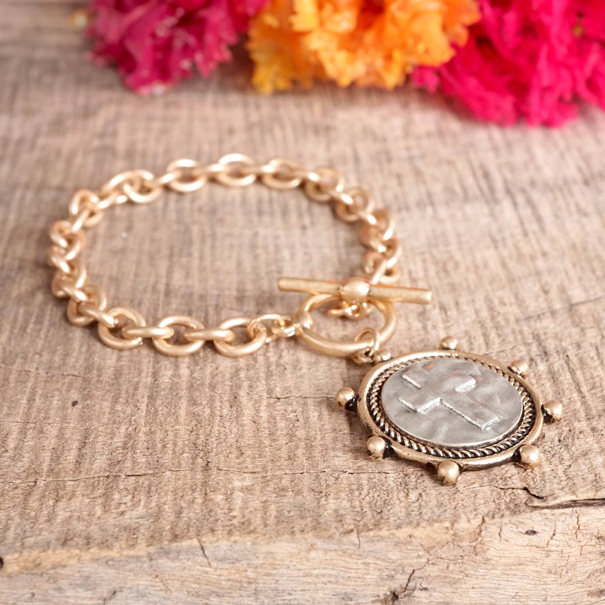 Cross Coin Chain Bracelet Toggle Closure Silver or Gold Tone-Bracelets-PennyLine inc-Stuffology - Where Vintage Meets Modern, A Boutique for Real Women in Crosbyton, TX