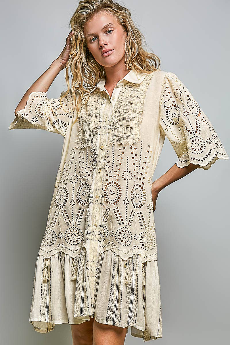 Boho Lace Panel Tassel Tie Detail Eyelet Shirt Dress-Dresses-Pol Clothing-Stuffology - Where Vintage Meets Modern, A Boutique for Real Women in Crosbyton, TX