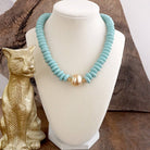 Wood Saucer Beads Short Statement Necklace Gold center Hot Pink Beige Turquoise-Necklaces-PennyLine inc-Stuffology - Where Vintage Meets Modern, A Boutique for Real Women in Crosbyton, TX
