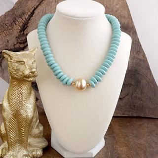 Wood Saucer Beads Short Statement Necklace Gold center Hot Pink Beige Turquoise-Necklaces-PennyLine inc-Stuffology - Where Vintage Meets Modern, A Boutique for Real Women in Crosbyton, TX