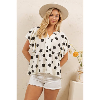 PLAYFUL POLKA PEPLUM TOP-Sage + Fig-Stuffology - Where Vintage Meets Modern, A Boutique for Real Women in Crosbyton, TX