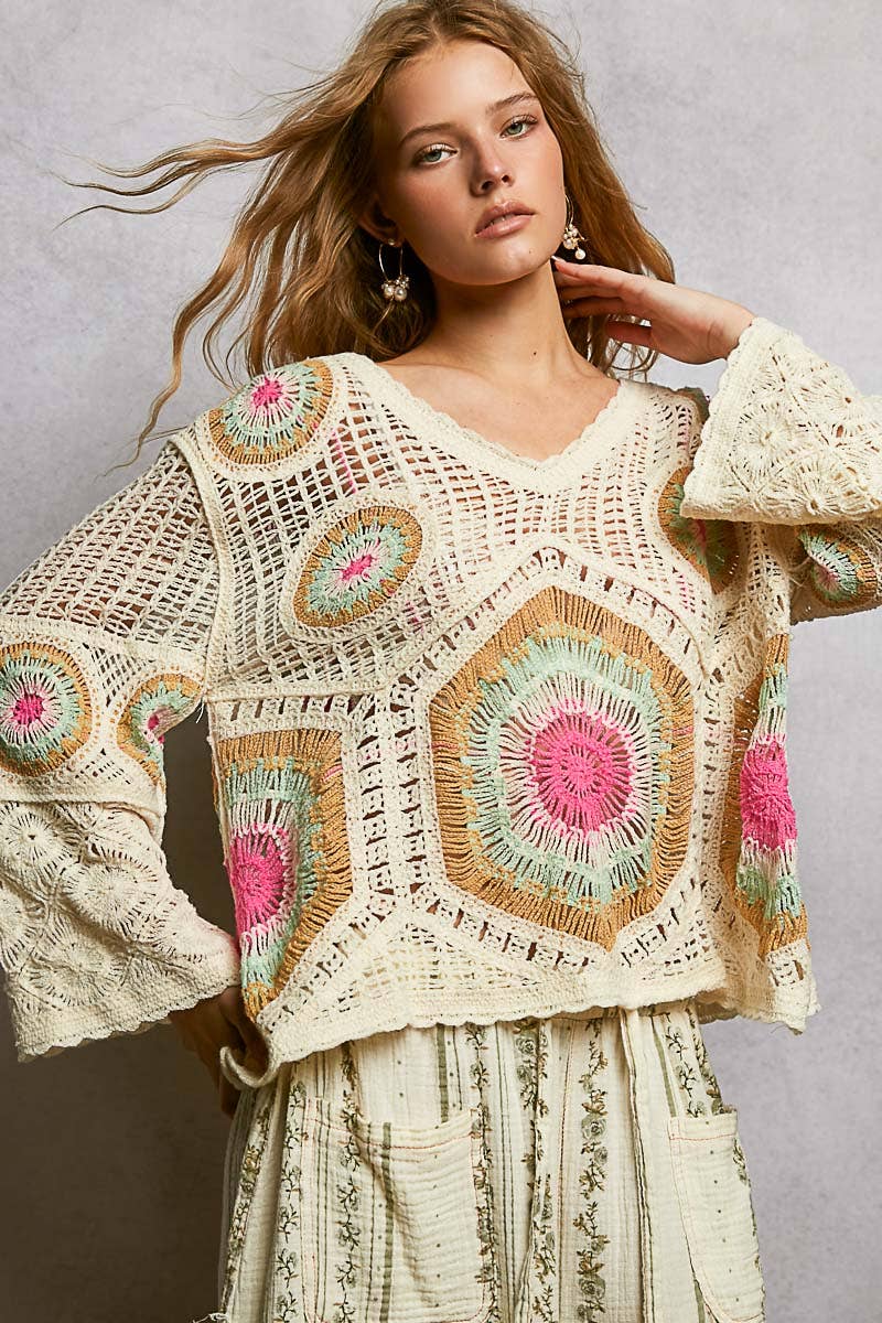 V-Neck Granny Circle Motif Scalloped Edge Crochet Top-Crochet Top-Pol Clothing-Stuffology - Where Vintage Meets Modern, A Boutique for Real Women in Crosbyton, TX