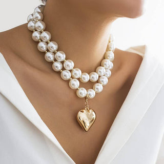 LUSTROUS PEARL BEADED LAYERED HEART NECKLACE-Necklaces-JOSSLYN by wall to wall-Stuffology - Where Vintage Meets Modern, A Boutique for Real Women in Crosbyton, TX