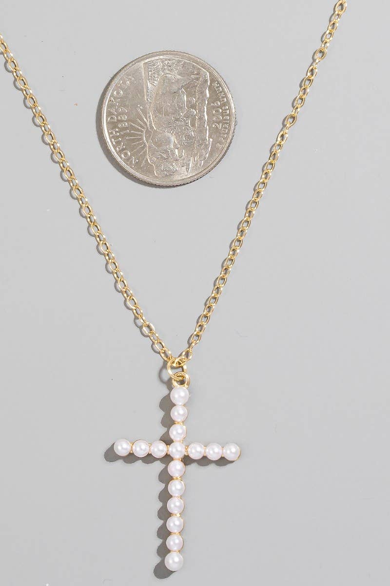 Pearl Cross Pendant Necklace-Necklaces-The Looks by Fame Accessories-Stuffology - Where Vintage Meets Modern, A Boutique for Real Women in Crosbyton, TX