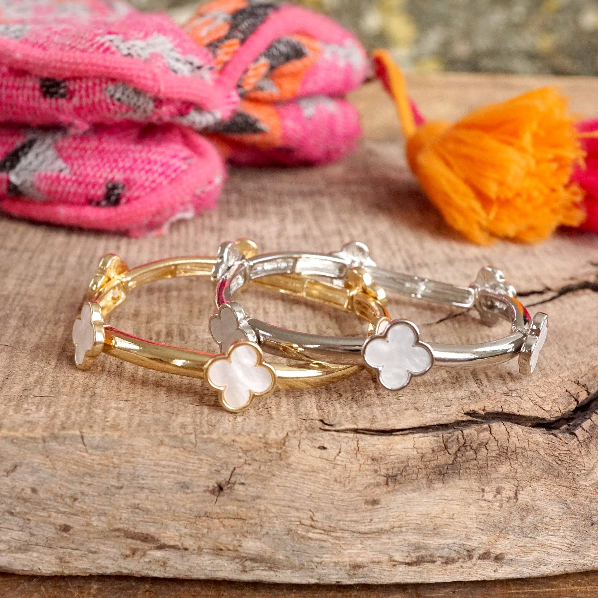 Clover Stretchy Bangle Bracelet – Mother of Pearl in Gold or Silver Tone-PennyLine inc-Stuffology - Where Vintage Meets Modern, A Boutique for Real Women in Crosbyton, TX