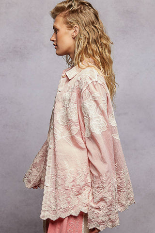 Embroidered Scalloped Edge Button Up Blouse-Top-Pol Clothing-Stuffology - Where Vintage Meets Modern, A Boutique for Real Women in Crosbyton, TX