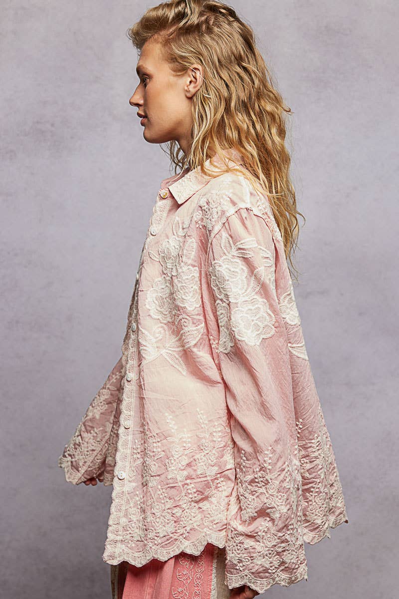 Long Sleeve Embroidered Scalloped Edge Shirt Top-Pol Clothing-Stuffology - Where Vintage Meets Modern, A Boutique for Real Women in Crosbyton, TX