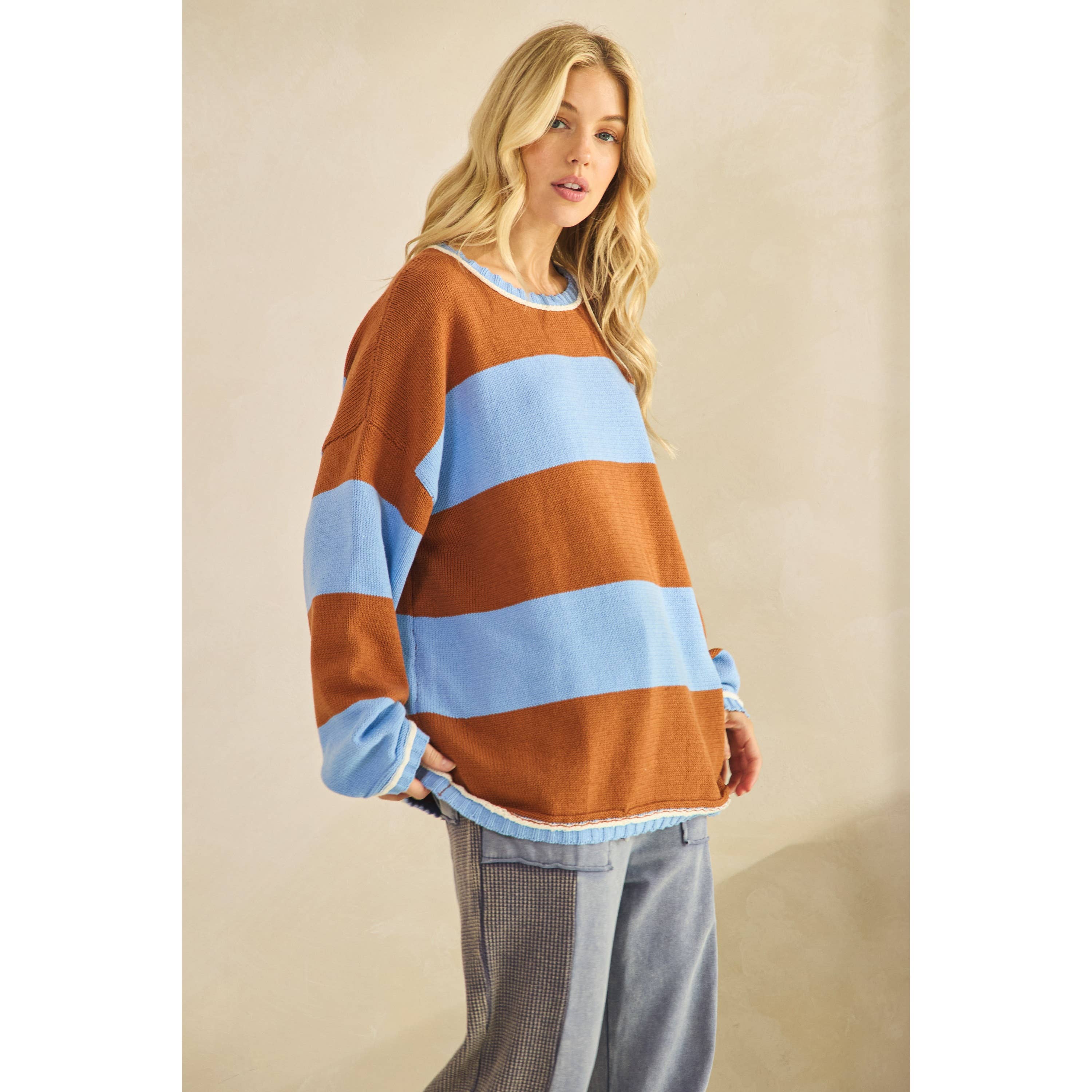 COLORBLOCK STRIPE SWEATER-Sweaters-Sage + Fig-Stuffology - Where Vintage Meets Modern, A Boutique for Real Women in Crosbyton, TX