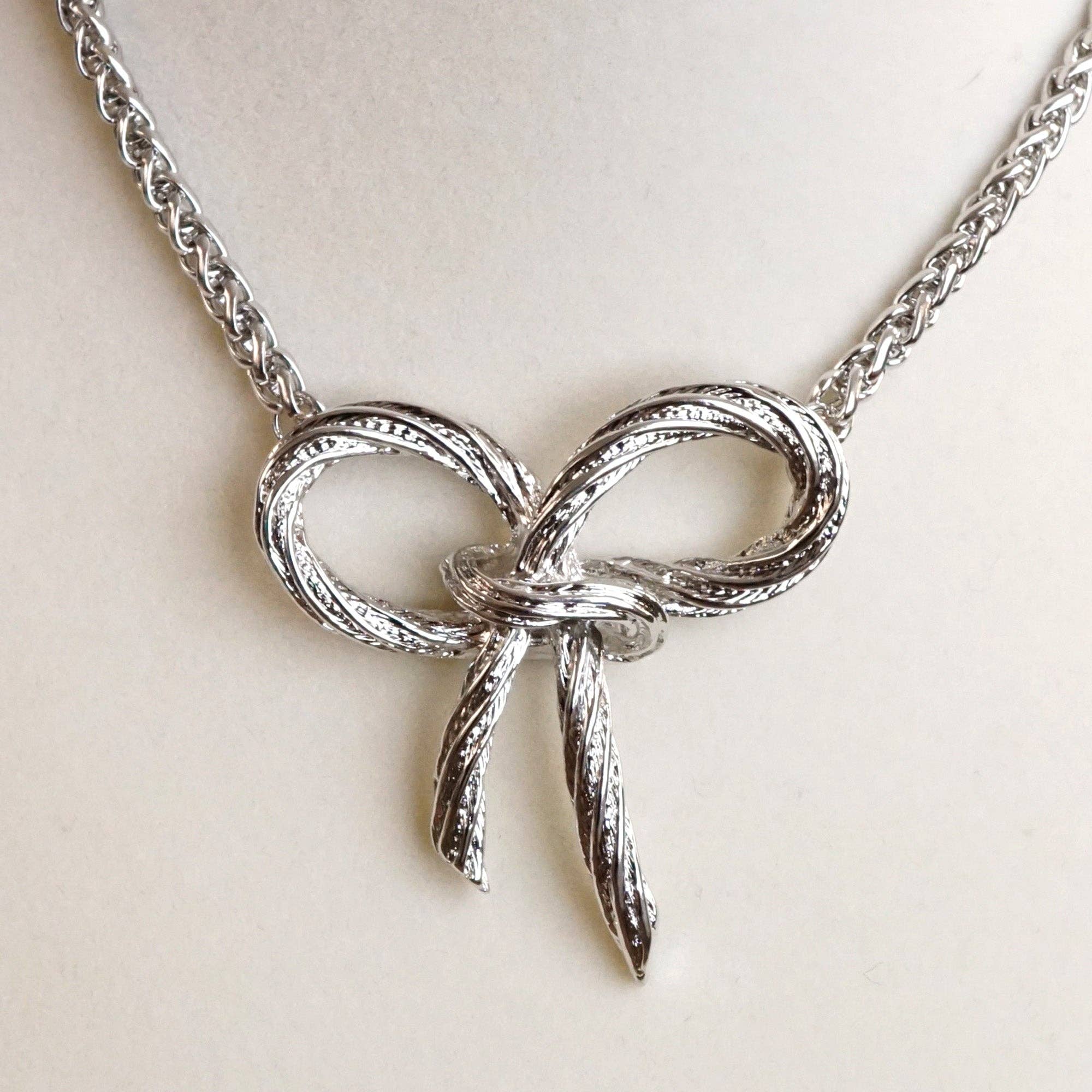 Large Rope Textured Bow Pendant Statement Necklace Silver Tone-Necklaces-PennyLine inc-Stuffology - Where Vintage Meets Modern, A Boutique for Real Women in Crosbyton, TX