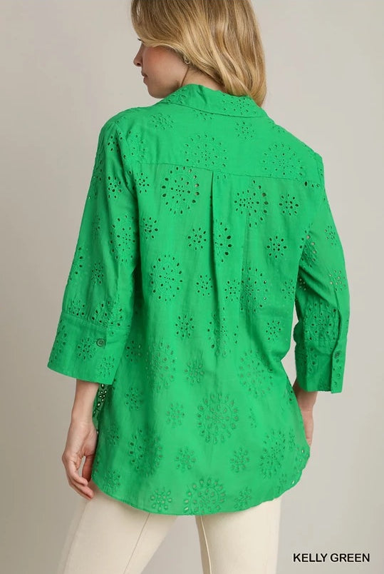 Kelly Green Eyelet Boxy Button Down Collared Shirt with High Low Hem | Stuffology Boutique-Short Sleeves-Umgee-Stuffology - Where Vintage Meets Modern, A Boutique for Real Women in Crosbyton, TX