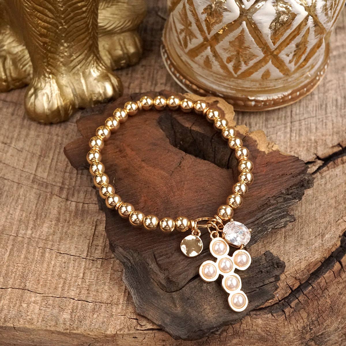 Golden Keepsakes – Charm Cluster Stretch Bracelet with Beads & Stones-Bracelets-PennyLine inc-Stuffology - Where Vintage Meets Modern, A Boutique for Real Women in Crosbyton, TX