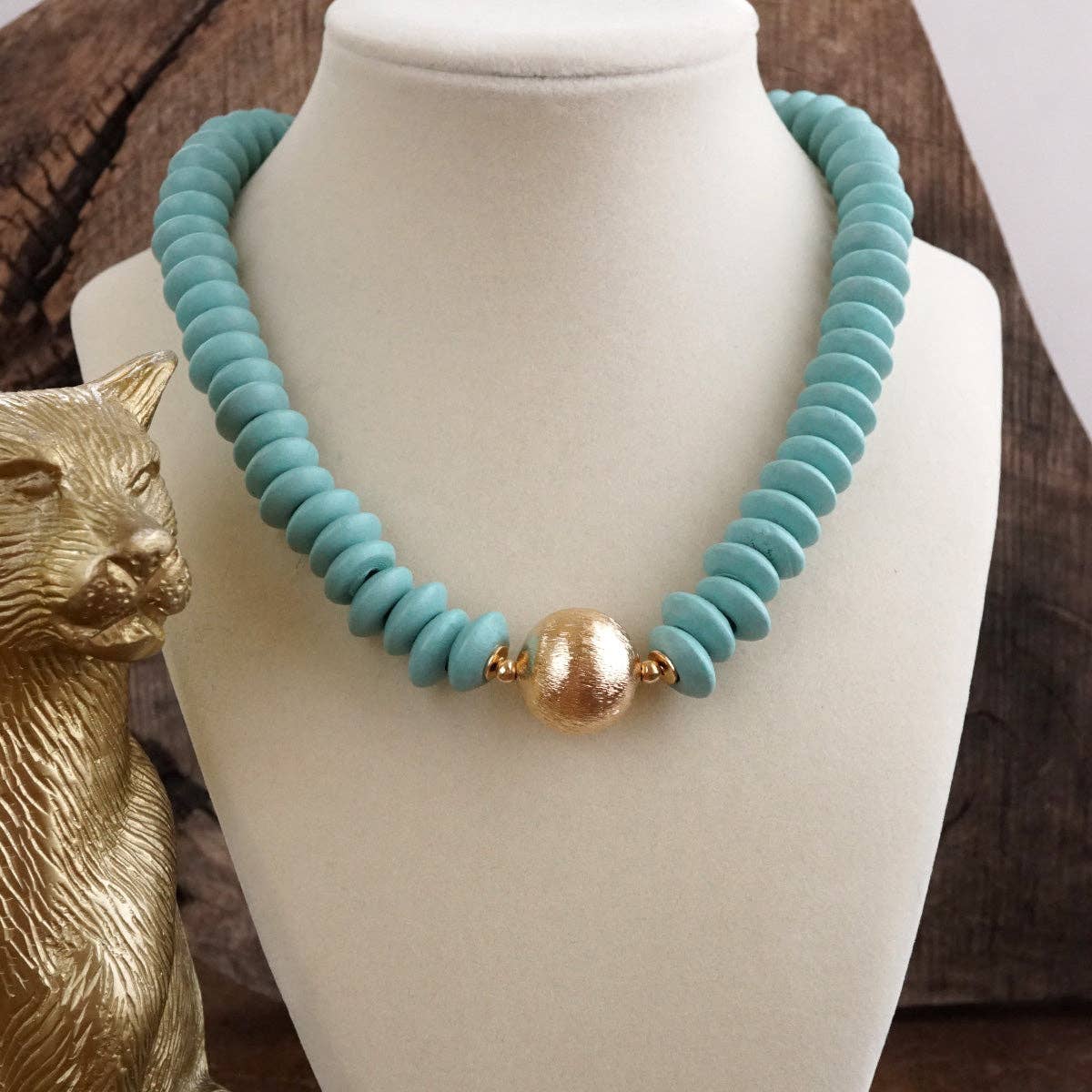 Wood Saucer Beads Short Statement Necklace Gold center Hot Pink Beige Turquoise-Necklaces-PennyLine inc-Stuffology - Where Vintage Meets Modern, A Boutique for Real Women in Crosbyton, TX