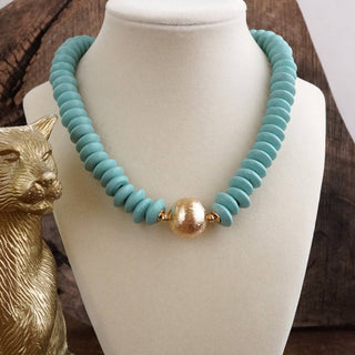 Wood Saucer Beads Short Statement Necklace Gold center Hot Pink Beige Turquoise-Necklaces-PennyLine inc-Stuffology - Where Vintage Meets Modern, A Boutique for Real Women in Crosbyton, TX