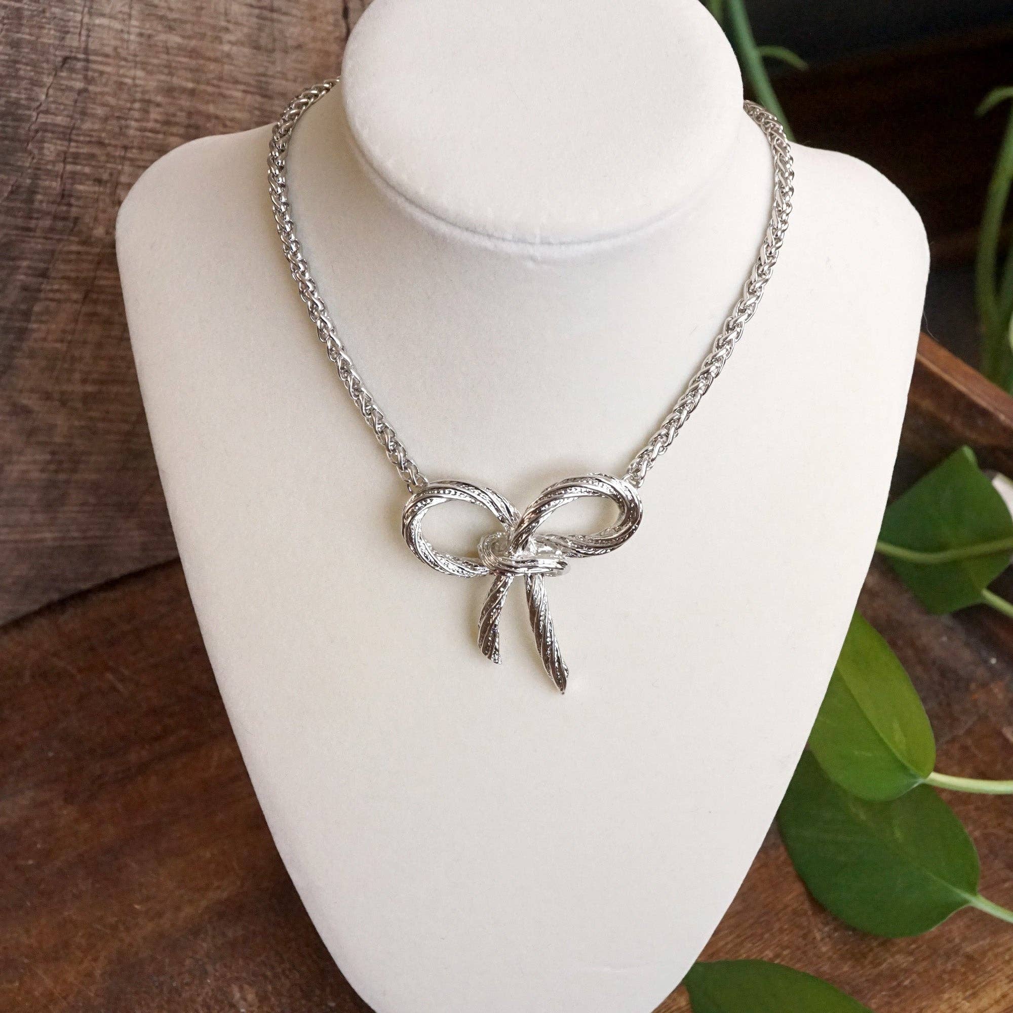 Large Rope Textured Bow Pendant Statement Necklace Silver Tone-Necklaces-PennyLine inc-Stuffology - Where Vintage Meets Modern, A Boutique for Real Women in Crosbyton, TX