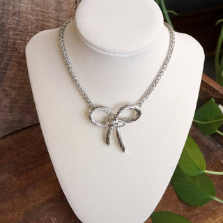 Large Rope Textured Bow Pendant Statement Necklace Silver Tone-Necklaces-PennyLine inc-Stuffology - Where Vintage Meets Modern, A Boutique for Real Women in Crosbyton, TX