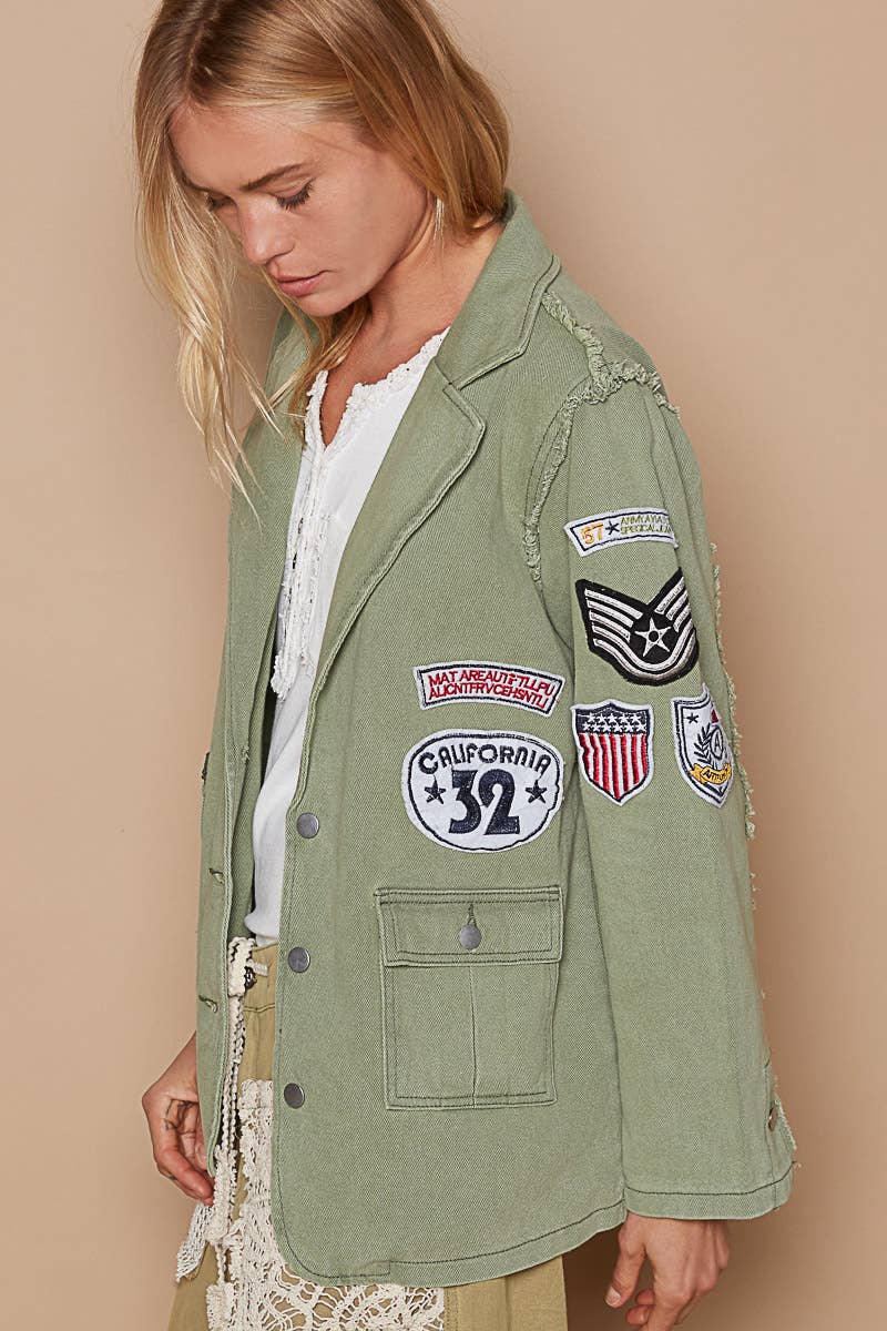 POL Clothing Vintage patch detail military blazer jacket-Jackets-Pol Clothing-Stuffology - Where Vintage Meets Modern, A Boutique for Real Women in Crosbyton, TX