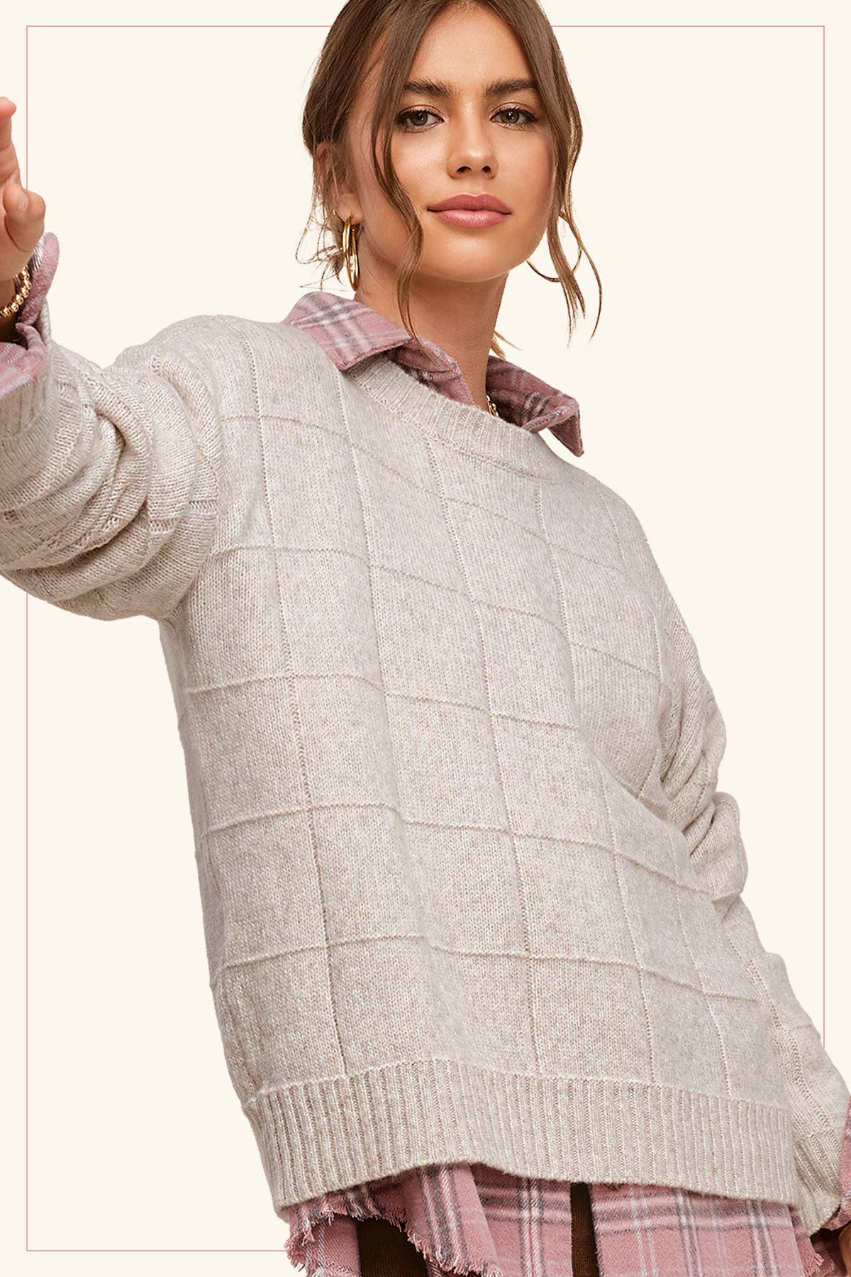 MCS3564-Loose Fit Windowpane Patterned Two Tone Sweater-La Miel-Stuffology - Where Vintage Meets Modern, A Boutique for Real Women in Crosbyton, TX