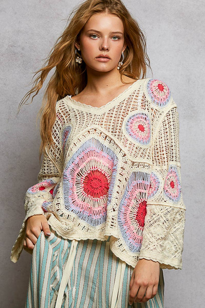 V-Neck Granny Circle Motif Scalloped Edge Crochet Top-Crochet Top-Pol Clothing-Stuffology - Where Vintage Meets Modern, A Boutique for Real Women in Crosbyton, TX