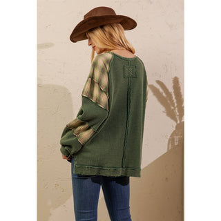 WAFFLE KNIT PATCHWORK PULLOVER-TOP-Sage + Fig-Stuffology - Where Vintage Meets Modern, A Boutique for Real Women in Crosbyton, TX