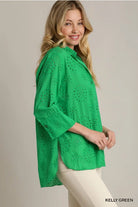 Kelly Green Eyelet Boxy Button Down Collared Shirt with High Low Hem | Stuffology Boutique-Short Sleeves-Umgee-Stuffology - Where Vintage Meets Modern, A Boutique for Real Women in Crosbyton, TX