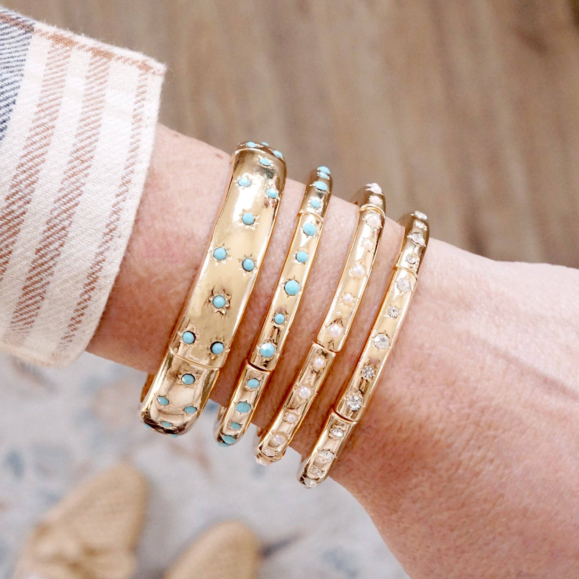 Gold-Tone Eternity Stretch Bangle – Pearls, Turquoise, or Crystals-Bracelets-PennyLine inc-Stuffology - Where Vintage Meets Modern, A Boutique for Real Women in Crosbyton, TX