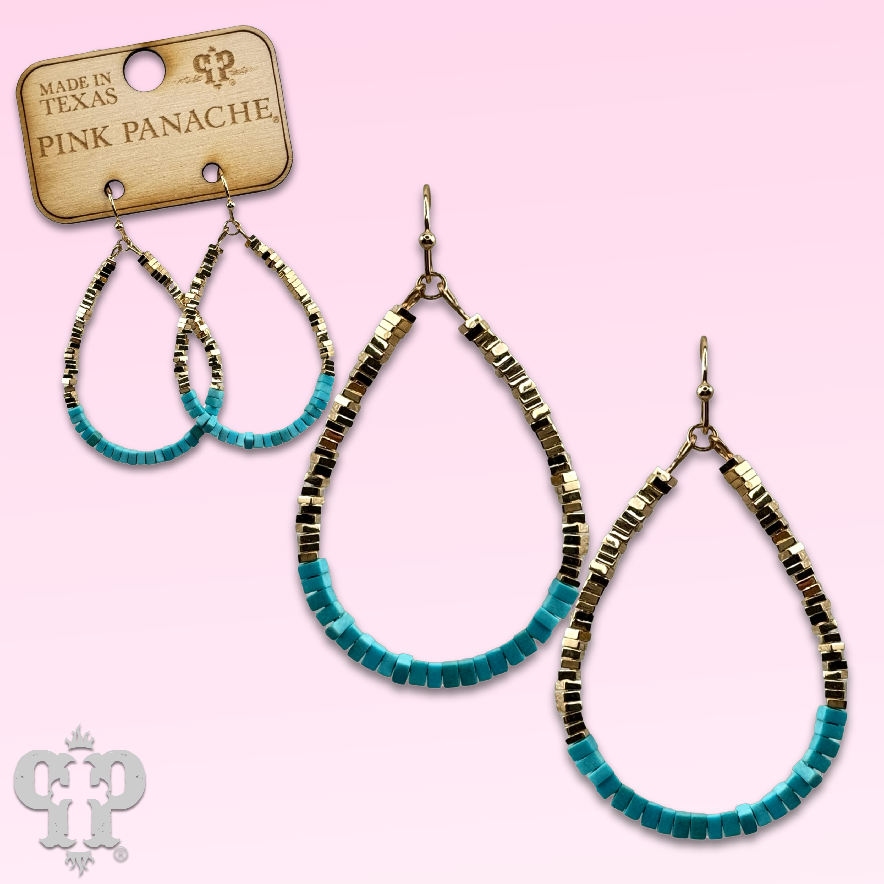 Gold and turquoise square bead teardrop earring-Pink Panache Brands-Stuffology - Where Vintage Meets Modern, A Boutique for Real Women in Crosbyton, TX