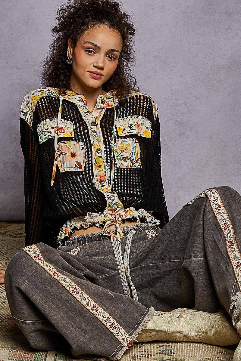 Vintage washed Black Floral Print Patch Crochet Jacket-Jackets-Pol Clothing-Stuffology - Where Vintage Meets Modern, A Boutique for Real Women in Crosbyton, TX