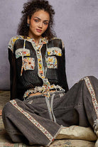 Vintage washed Black Floral Print Patch Crochet Jacket-Jackets-Pol Clothing-Stuffology - Where Vintage Meets Modern, A Boutique for Real Women in Crosbyton, TX