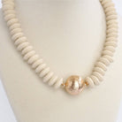 Wood Saucer Beads Short Statement Necklace Gold center Hot Pink Beige Turquoise-Necklaces-PennyLine inc-Stuffology - Where Vintage Meets Modern, A Boutique for Real Women in Crosbyton, TX