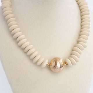 Wood Saucer Beads Short Statement Necklace Gold center Hot Pink Beige Turquoise-Necklaces-PennyLine inc-Stuffology - Where Vintage Meets Modern, A Boutique for Real Women in Crosbyton, TX