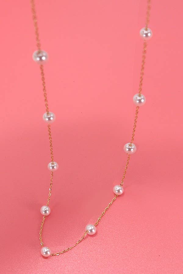 TITANIUM STEEL NON-TARNISH PEARL STATION NECKLACE | 40NK334-Necklaces-JOSSLYN by wall to wall-Stuffology - Where Vintage Meets Modern, A Boutique for Real Women in Crosbyton, TX