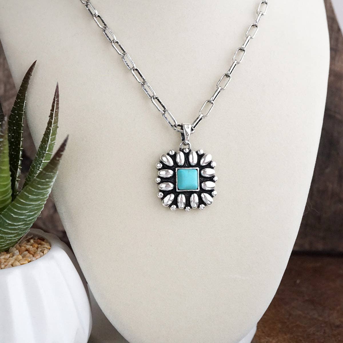 Desert Bloom – Square Concho Pendant Necklace in Worn Silver-Necklaces-PennyLine inc-Stuffology - Where Vintage Meets Modern, A Boutique for Real Women in Crosbyton, TX