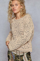 Round neck open knitted crochet solid sweater-Sweaters-Pol Clothing-Stuffology - Where Vintage Meets Modern, A Boutique for Real Women in Crosbyton, TX