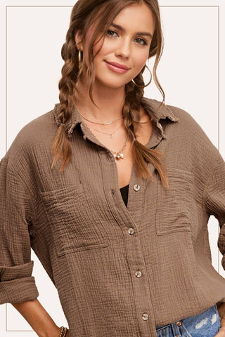 Crinkled Gauze Button Down Shirt-La Miel-Stuffology - Where Vintage Meets Modern, A Boutique for Real Women in Crosbyton, TX