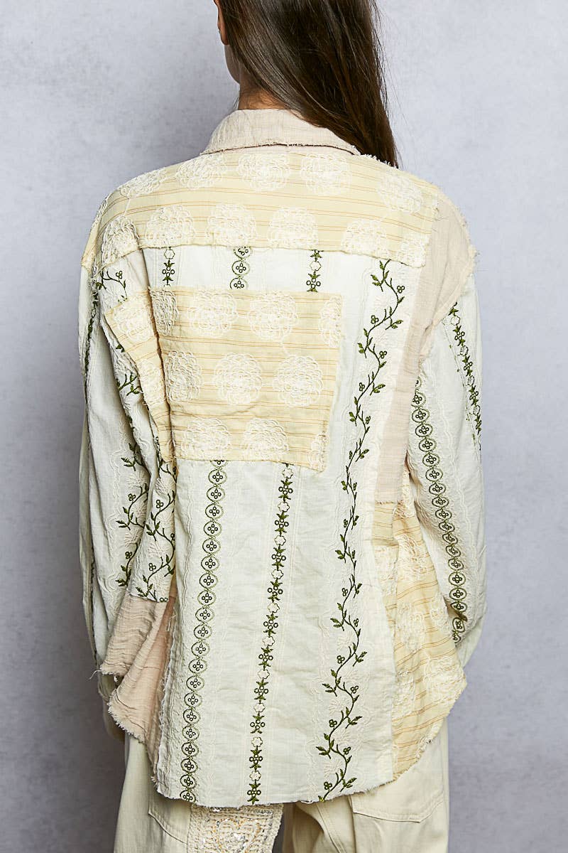 Long Sleeve Embroidered Woven Stripe Contrast Shirt Top-Top-Pol Clothing-Stuffology - Where Vintage Meets Modern, A Boutique for Real Women in Crosbyton, TX