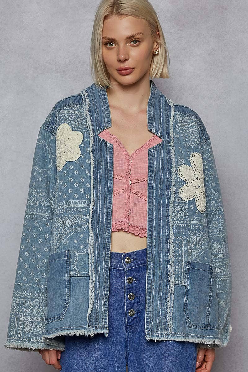 POL Clothing - Paisley pattern patch detail quilted woven twill jacket-Denim Jacket-Pol Clothing-Stuffology - Where Vintage Meets Modern, A Boutique for Real Women in Crosbyton, TX
