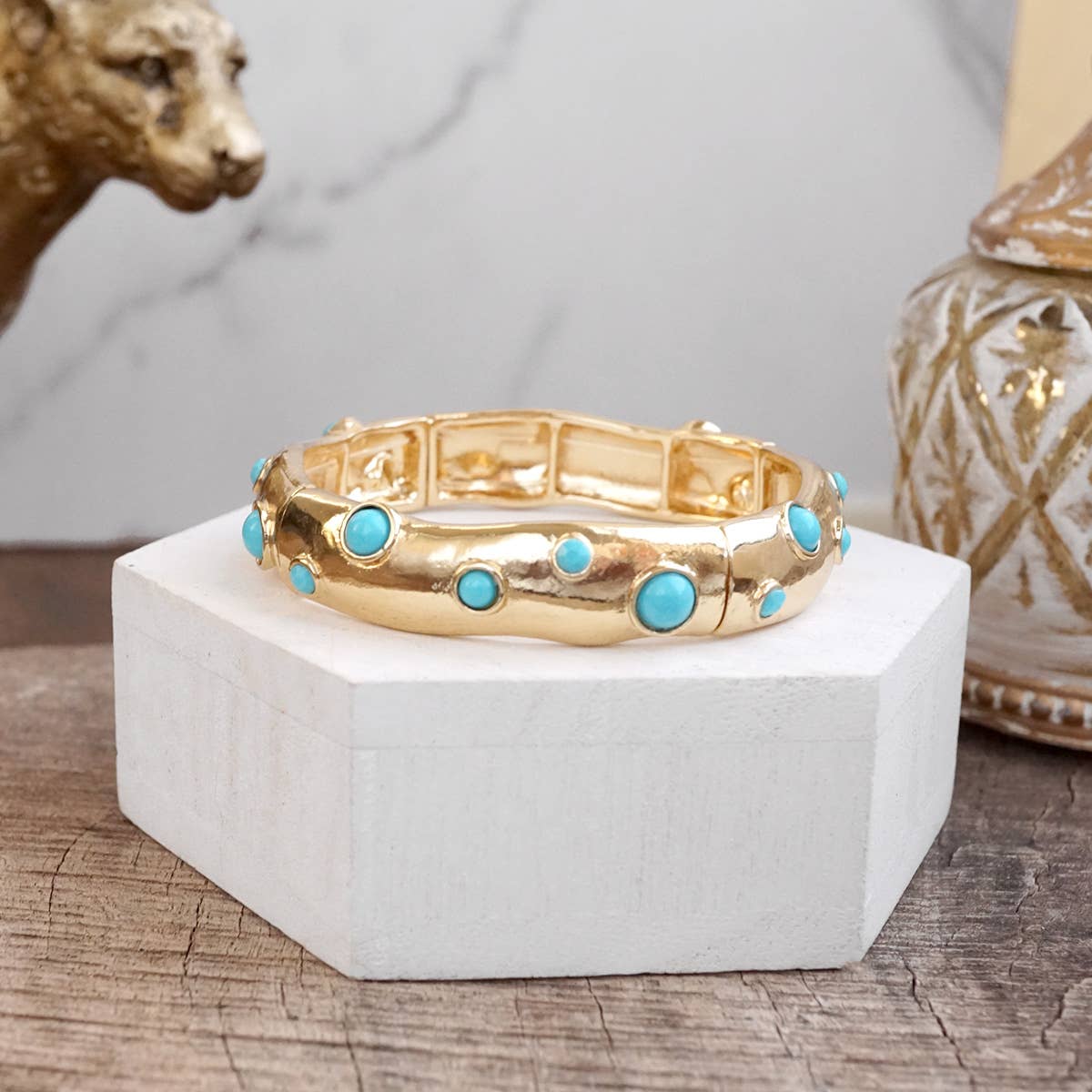 Desert Dew – Turquoise Cabochon Stretch Bangle-Bracelets-PennyLine inc-Stuffology - Where Vintage Meets Modern, A Boutique for Real Women in Crosbyton, TX