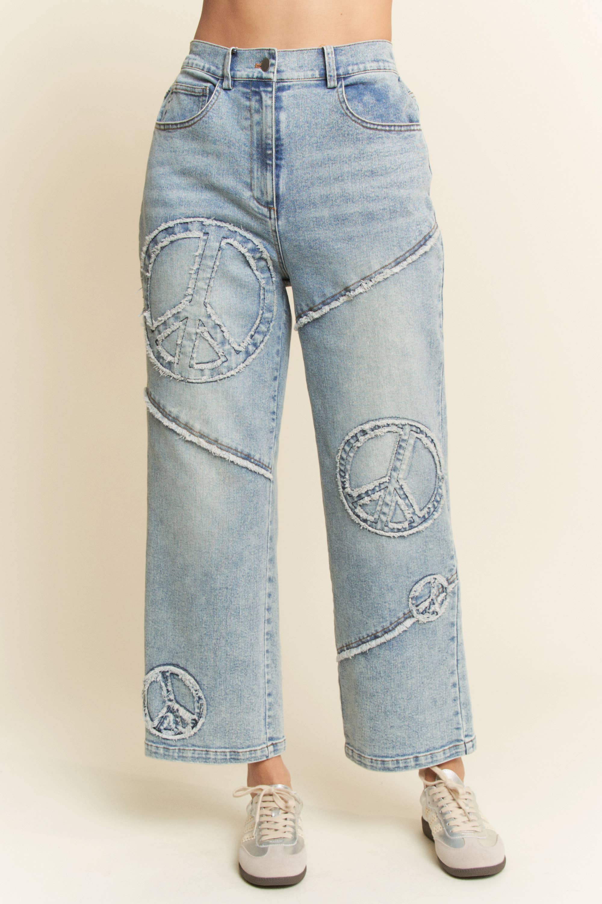 PEACE SIGN DENIM STRAIGHT FIT WITH SLIGHTLY STRETCH JEANS-Jeans-Davi & Dani-Stuffology - Where Vintage Meets Modern, A Boutique for Real Women in Crosbyton, TX