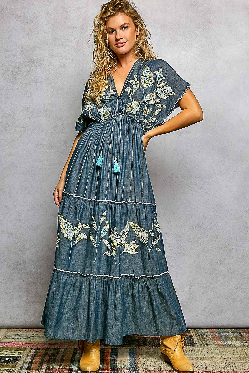 Embroidery Ruffle Neck Loop Cotton Denim V-neck Long Dress-Pol Clothing-Stuffology - Where Vintage Meets Modern, A Boutique for Real Women in Crosbyton, TX