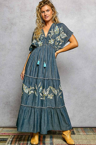 Embroidery Ruffle Neck Loop Cotton Denim V-neck Long Dress-Pol Clothing-Stuffology - Where Vintage Meets Modern, A Boutique for Real Women in Crosbyton, TX